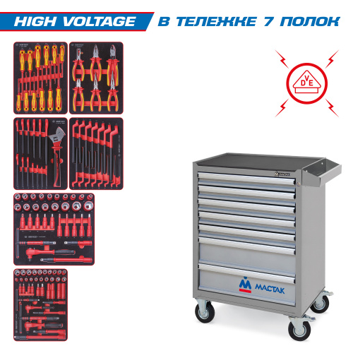 Изображение товара KING TONY Набор инструментов "HIGH VOLTAGE" в серой тележке, 117 предметов в интернет-магазине 3Стойки